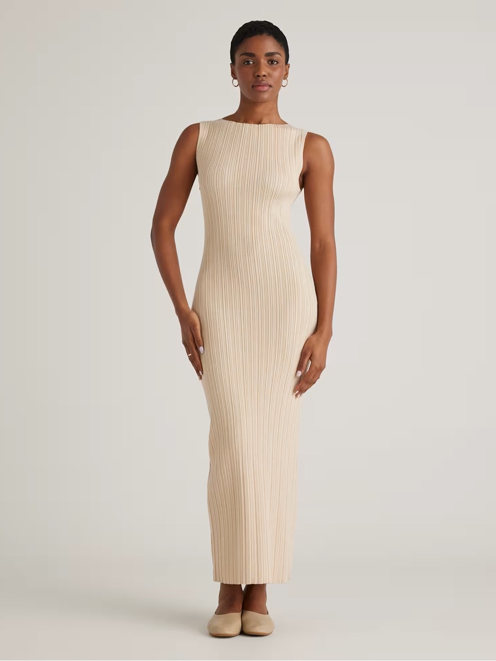 Quince Cotton Cashmere Ribbed Sleeveless Midi Dress Sz L Heather Oatmeal Summer